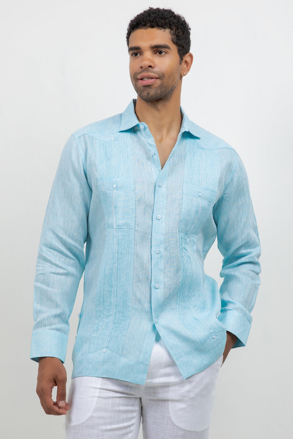 Fancy Linen Guayabera Long Sleeve Two Pocket Retro Contrast