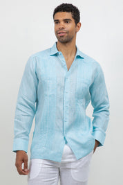 Fancy Linen Guayabera Long Sleeve Two Pocket Retro Contrast