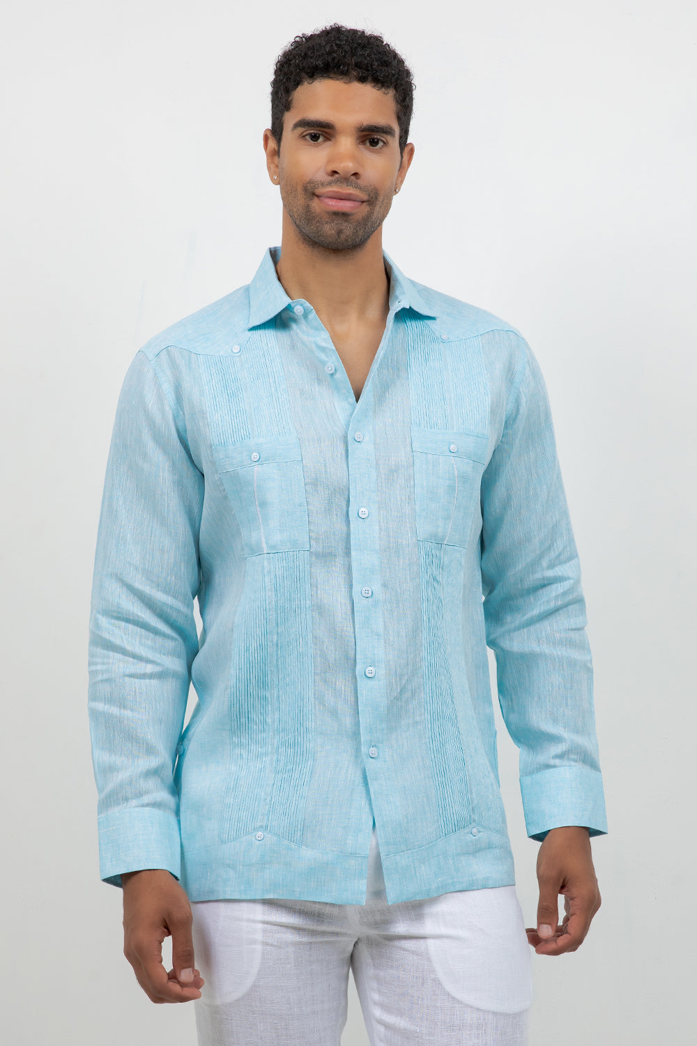 Fancy Linen Guayabera Long Sleeve Two Pocket Retro Contrast