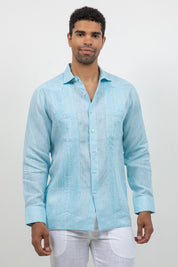 Fancy Linen Guayabera Long Sleeve Two Pocket Retro Contrast