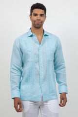 Fancy Linen Guayabera Long Sleeve Two Pocket Retro Contrast