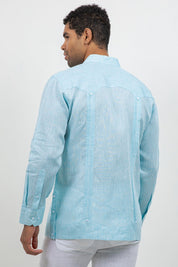 Fancy Linen Guayabera Long Sleeve Two Pocket Retro Contrast