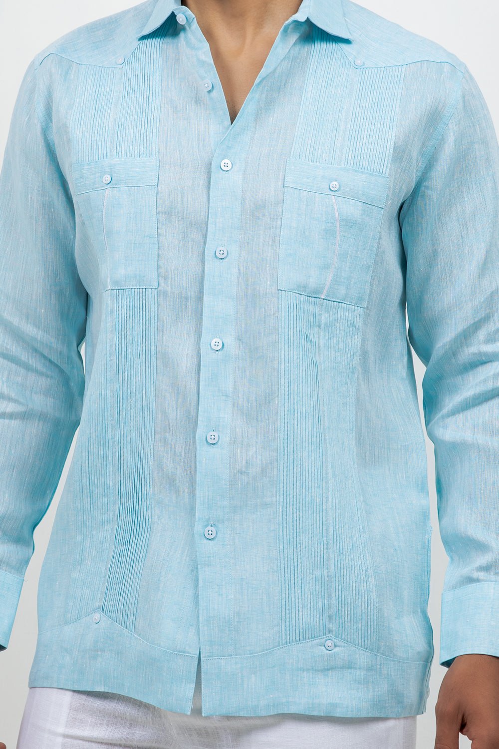 Fancy Linen Guayabera Long Sleeve Two Pocket Retro Contrast