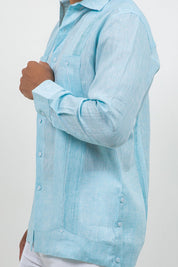 Fancy Linen Guayabera Long Sleeve Two Pocket Retro Contrast