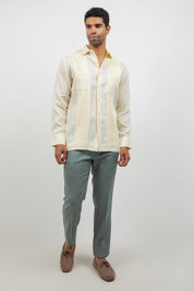 Fancy Linen Guayabera Long Sleeve Two Pocket Retro Contrast