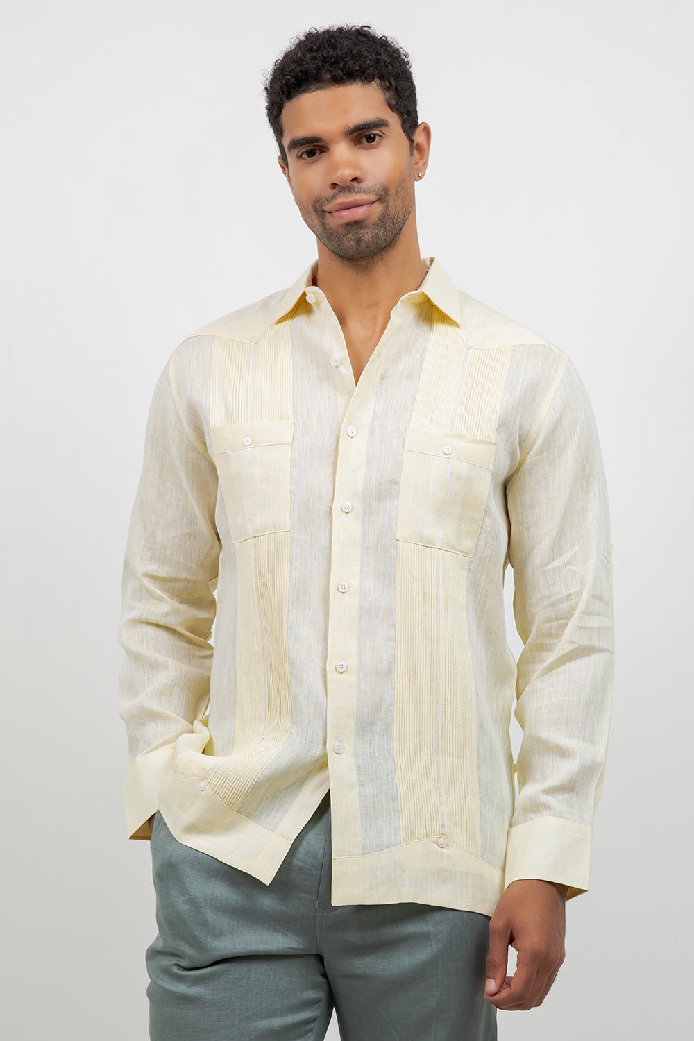 Fancy Linen Guayabera Long Sleeve Two Pocket Retro Contrast