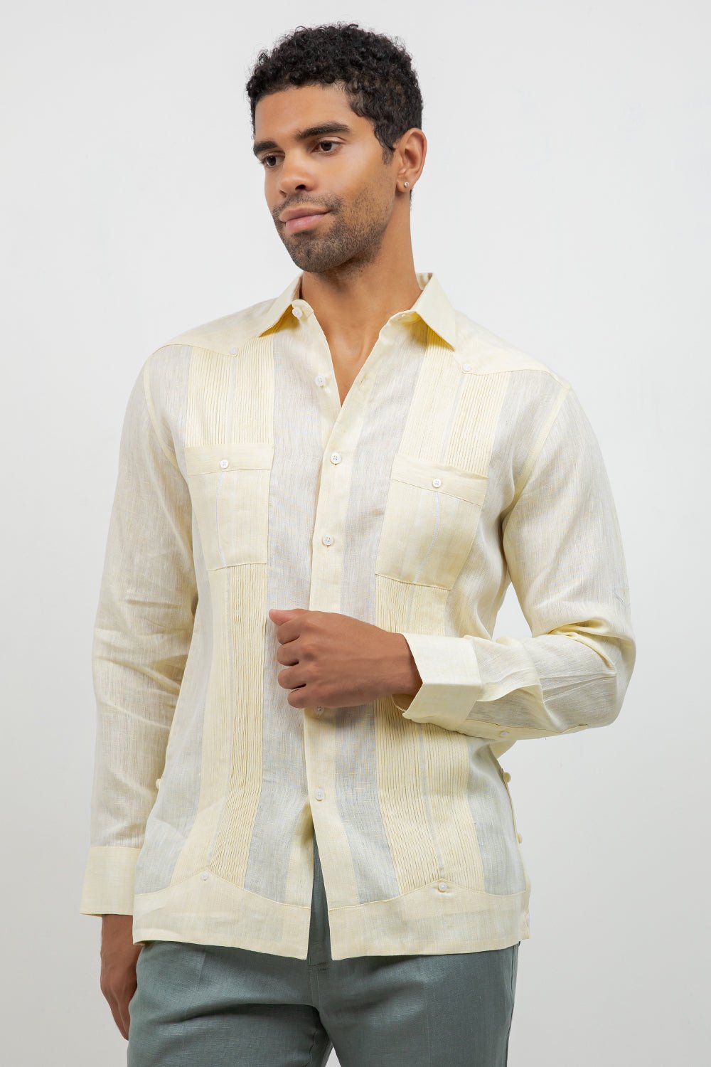 Fancy Linen Guayabera Long Sleeve Two Pocket Retro Contrast