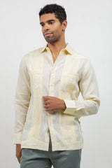 Fancy Linen Guayabera Long Sleeve Two Pocket Retro Contrast