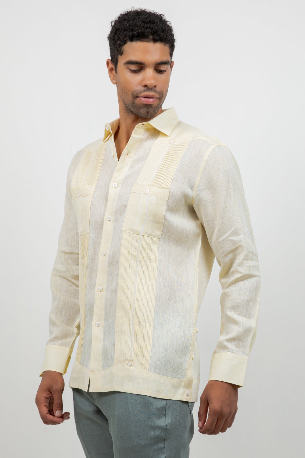 Fancy Linen Guayabera Long Sleeve Two Pocket Retro Contrast