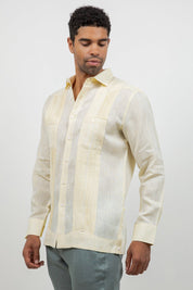 Fancy Linen Guayabera Long Sleeve Two Pocket Retro Contrast