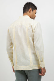 Fancy Linen Guayabera Long Sleeve Two Pocket Retro Contrast