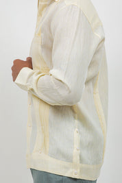 Fancy Linen Guayabera Long Sleeve Two Pocket Retro Contrast