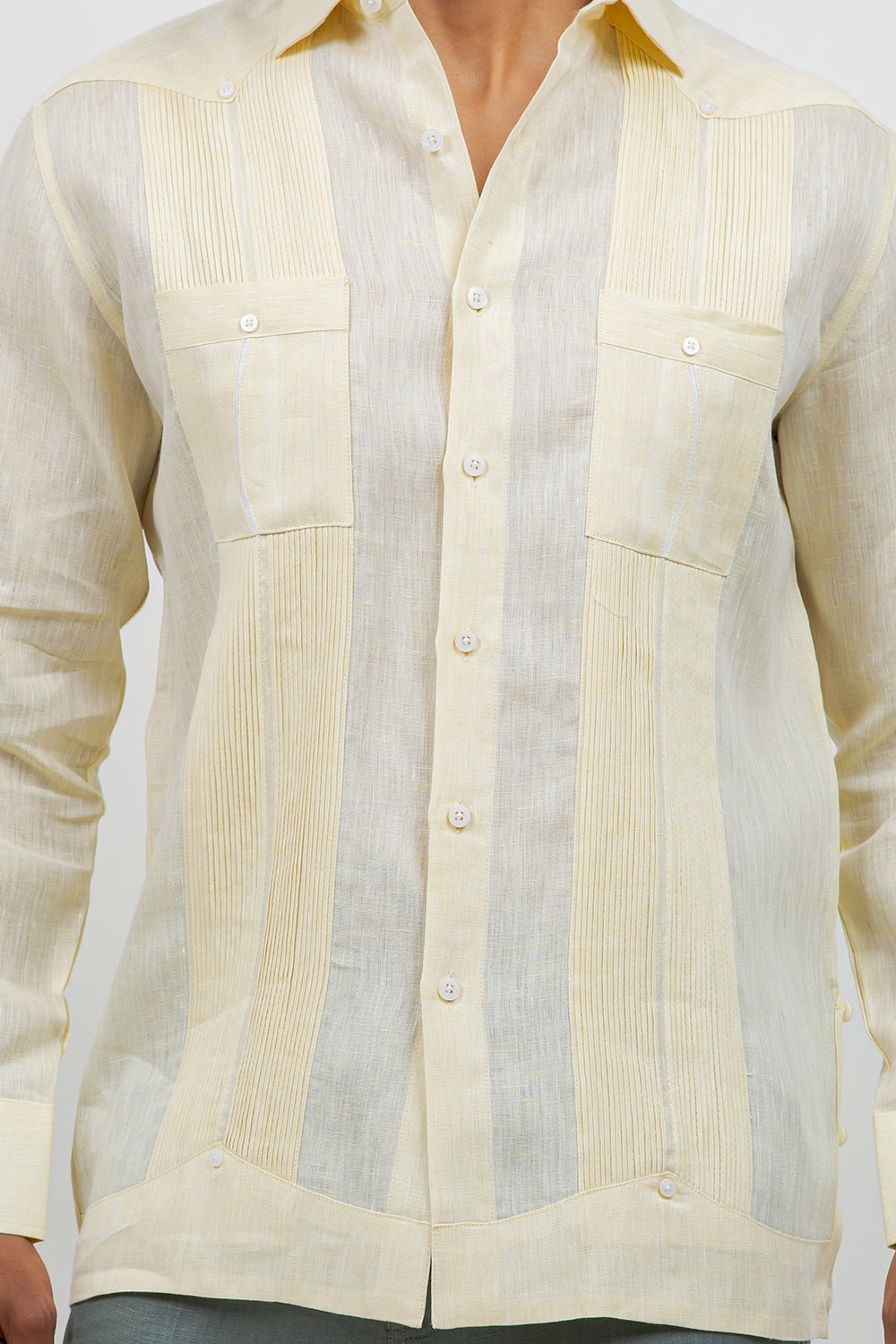 Fancy Linen Guayabera Long Sleeve Two Pocket Retro Contrast
