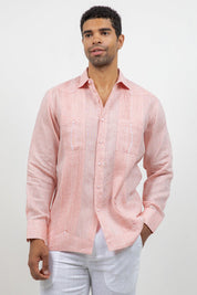 Fancy Linen Guayabera Long Sleeve Two Pocket Retro Contrast