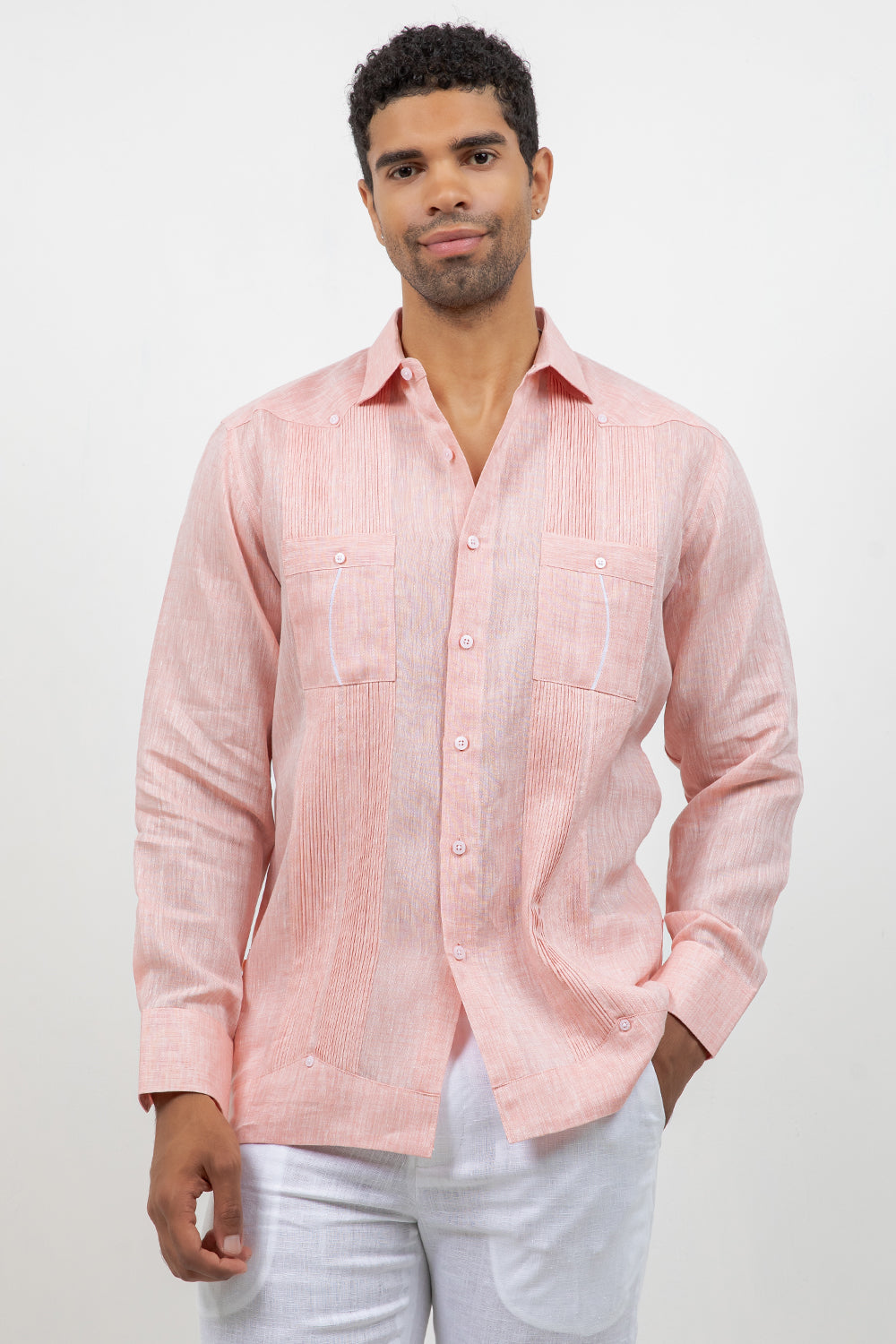 Fancy Linen Guayabera Long Sleeve Two Pocket Retro Contrast