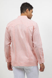 Fancy Linen Guayabera Long Sleeve Two Pocket Retro Contrast