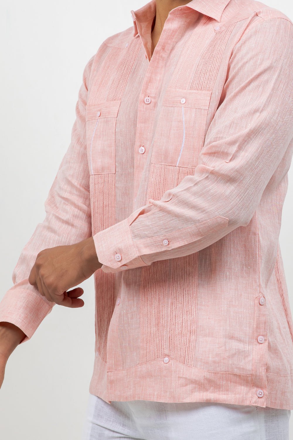 Fancy Linen Guayabera Long Sleeve Two Pocket Retro Contrast