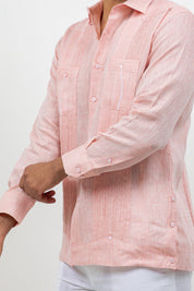 Fancy Linen Guayabera Long Sleeve Two Pocket Retro Contrast