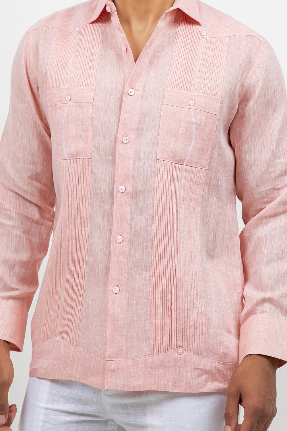 Fancy Linen Guayabera Long Sleeve Two Pocket Retro Contrast