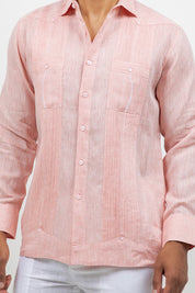 Fancy Linen Guayabera Long Sleeve Two Pocket Retro Contrast