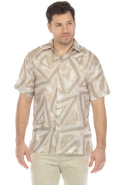 Camisa de manga corta con estampado geométrico neutro 100 % lino