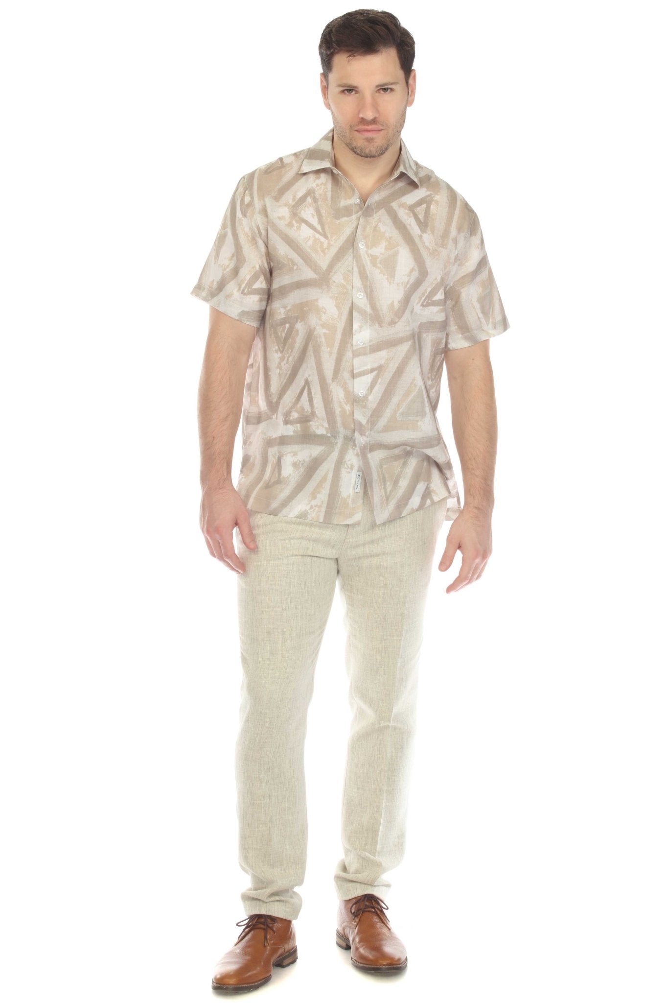 Men's 100% Linen Neutral Geo Print Short Sleeve Shirt