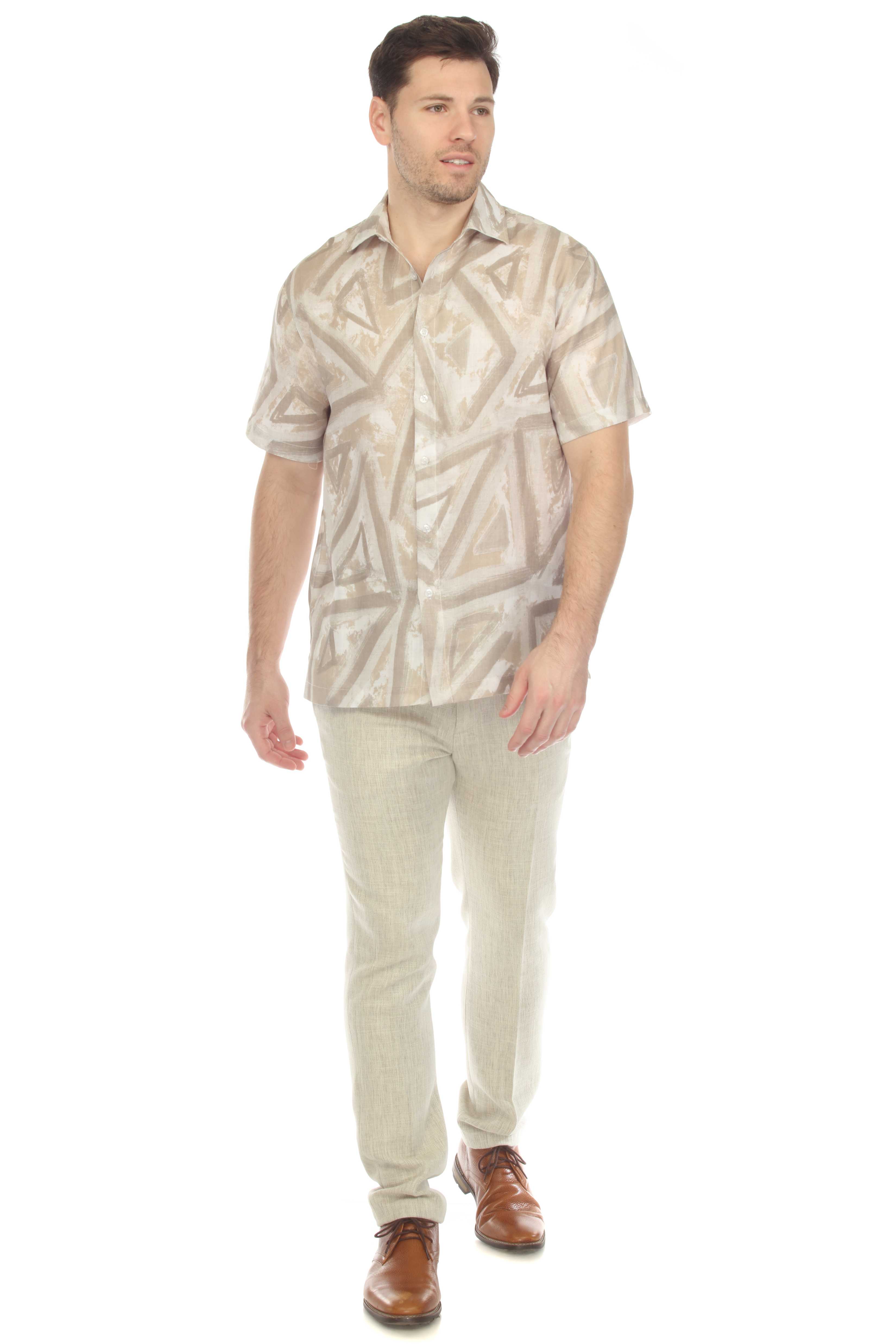 Camisa de manga corta con estampado geométrico neutro 100 % lino