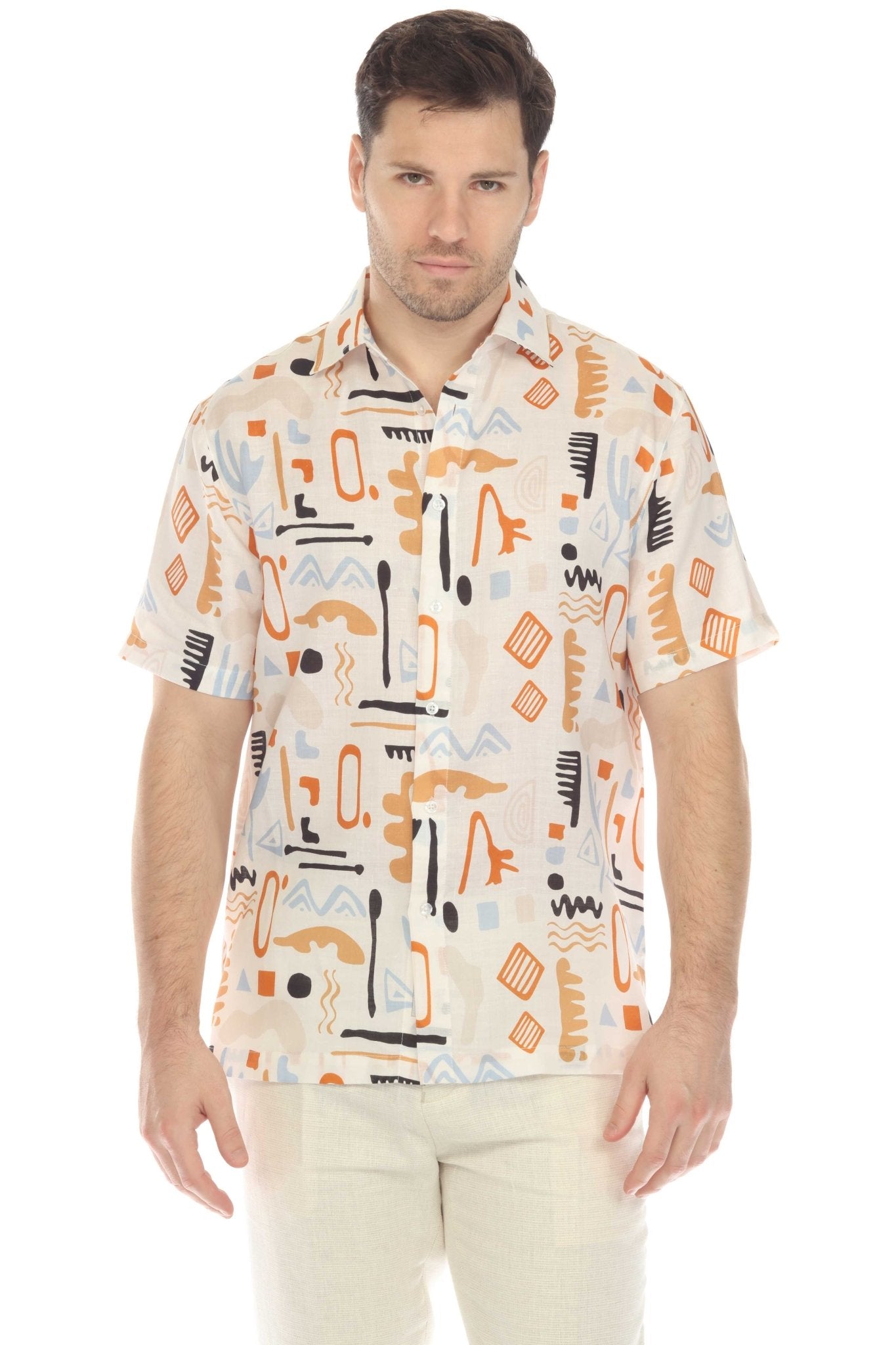 Men's 100% Linen Short Sleeve Retro Abstract Print Shirt