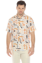 Camisa de lino 100 % con estampado abstracto retro de manga corta