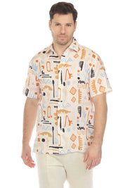 Camisa de lino 100 % con estampado abstracto retro de manga corta