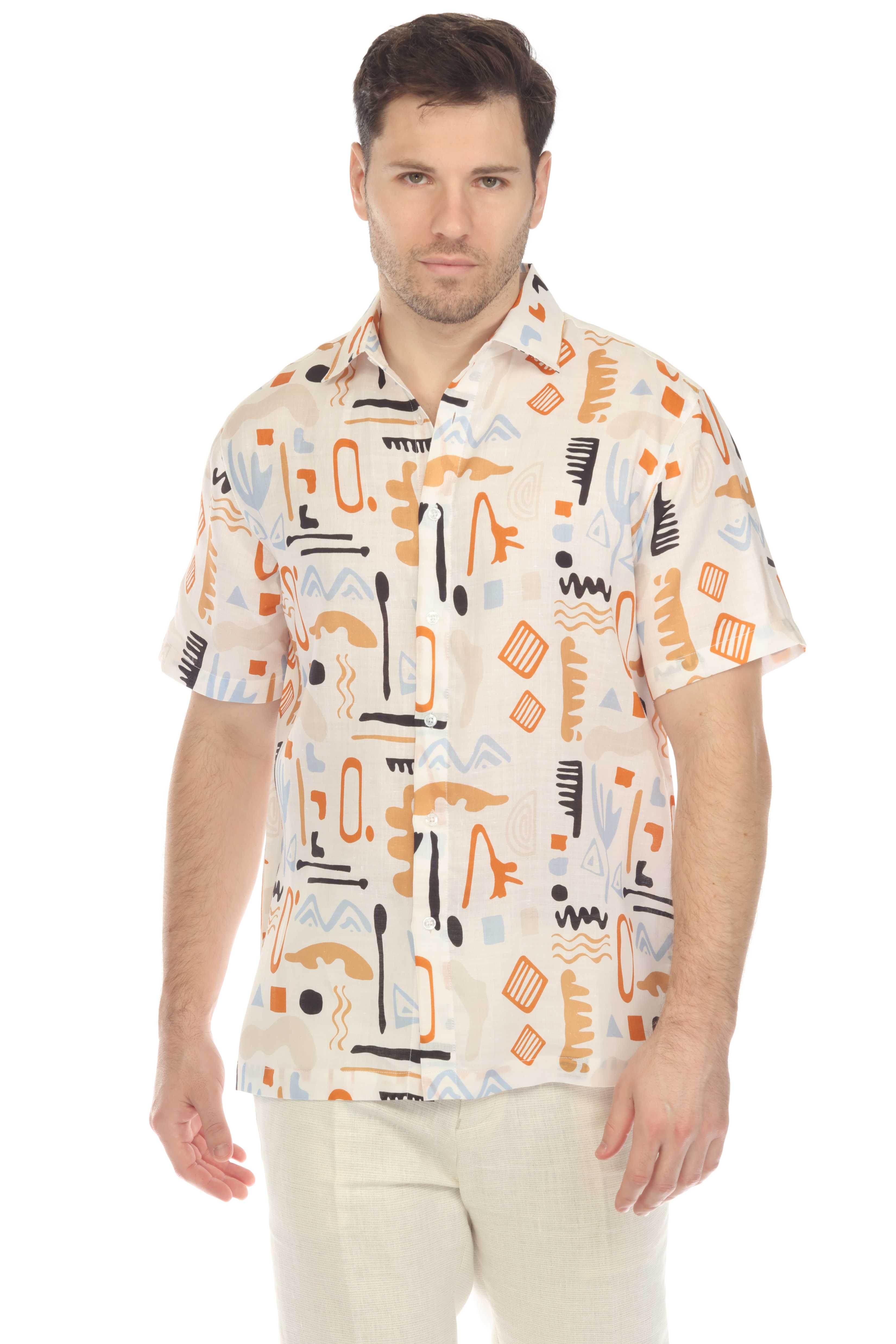 Camisa de lino 100 % con estampado abstracto retro de manga corta