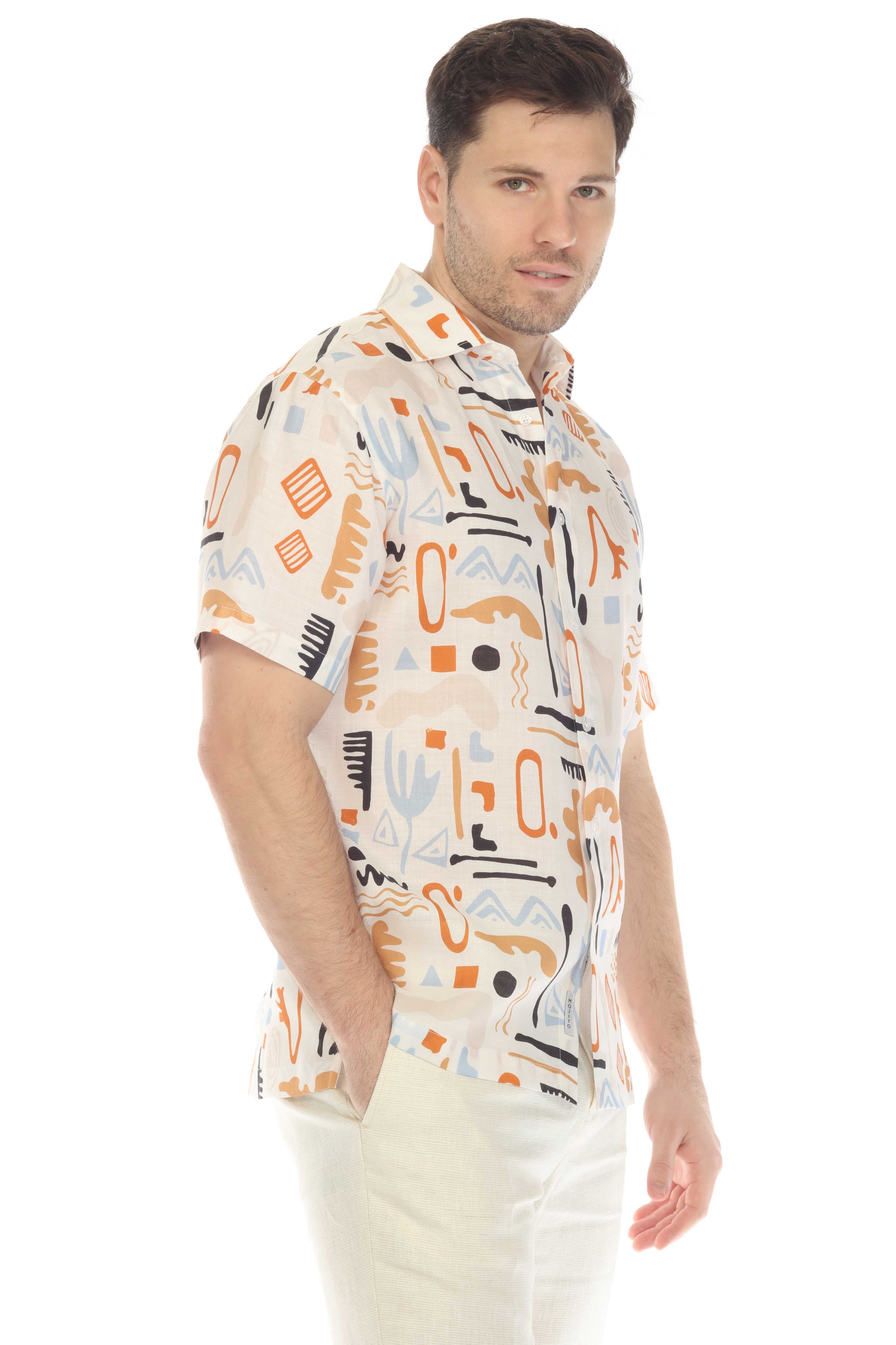 Camisa de lino 100 % con estampado abstracto retro de manga corta