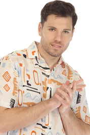 Camisa de lino 100 % con estampado abstracto retro de manga corta
