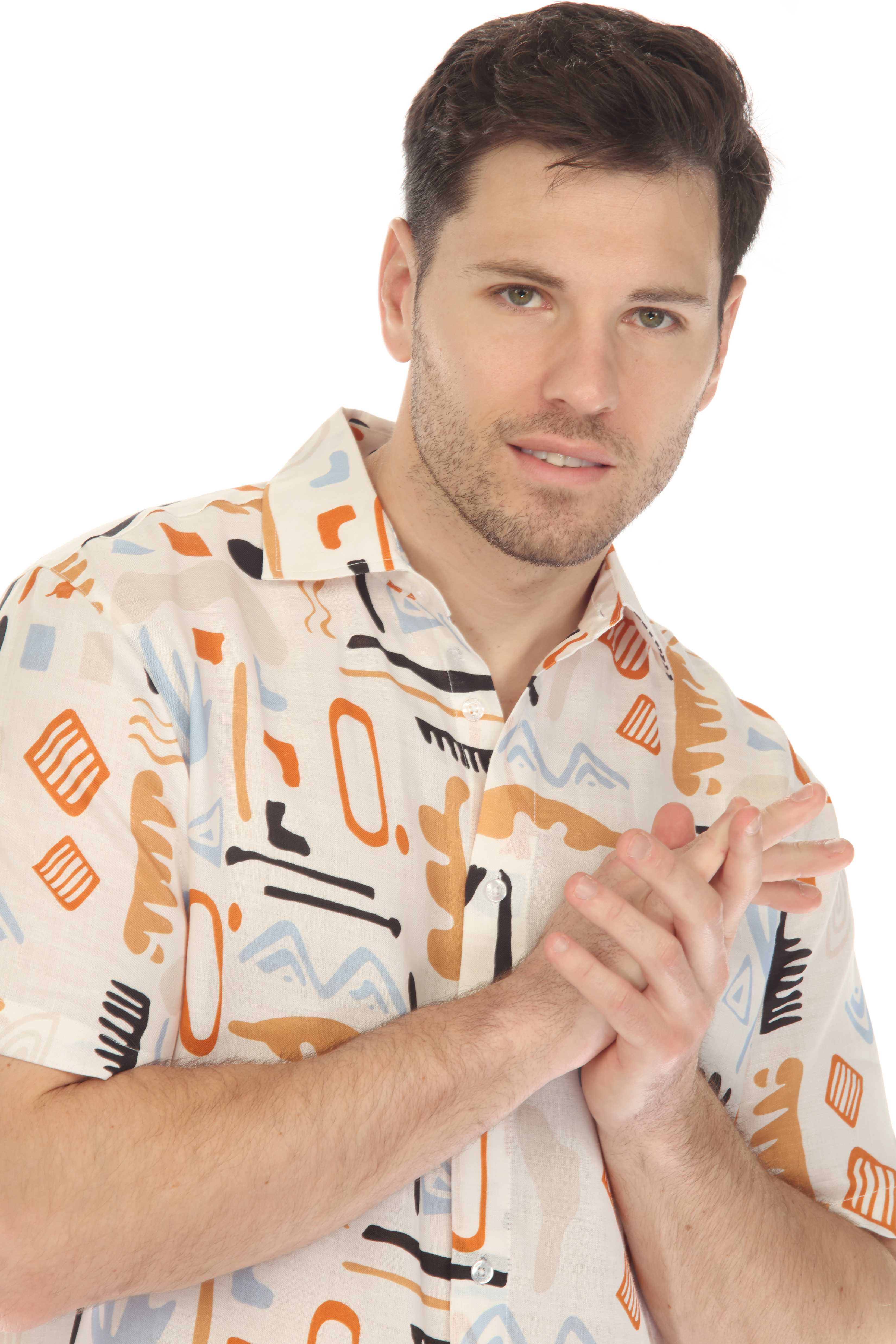Camisa de lino 100 % con estampado abstracto retro de manga corta