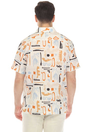 Camisa de lino 100 % con estampado abstracto retro de manga corta
