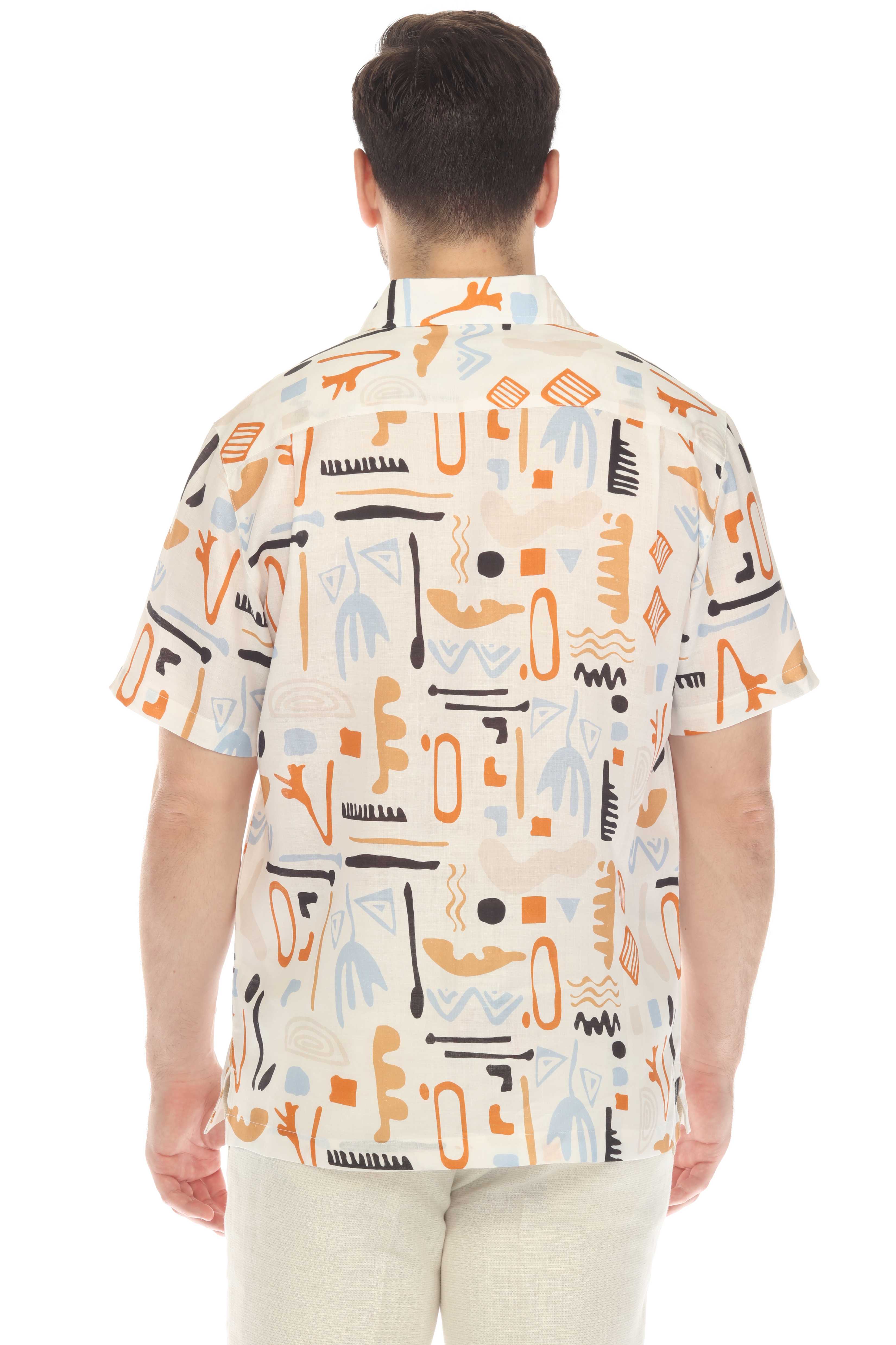 Camisa de lino 100 % con estampado abstracto retro de manga corta