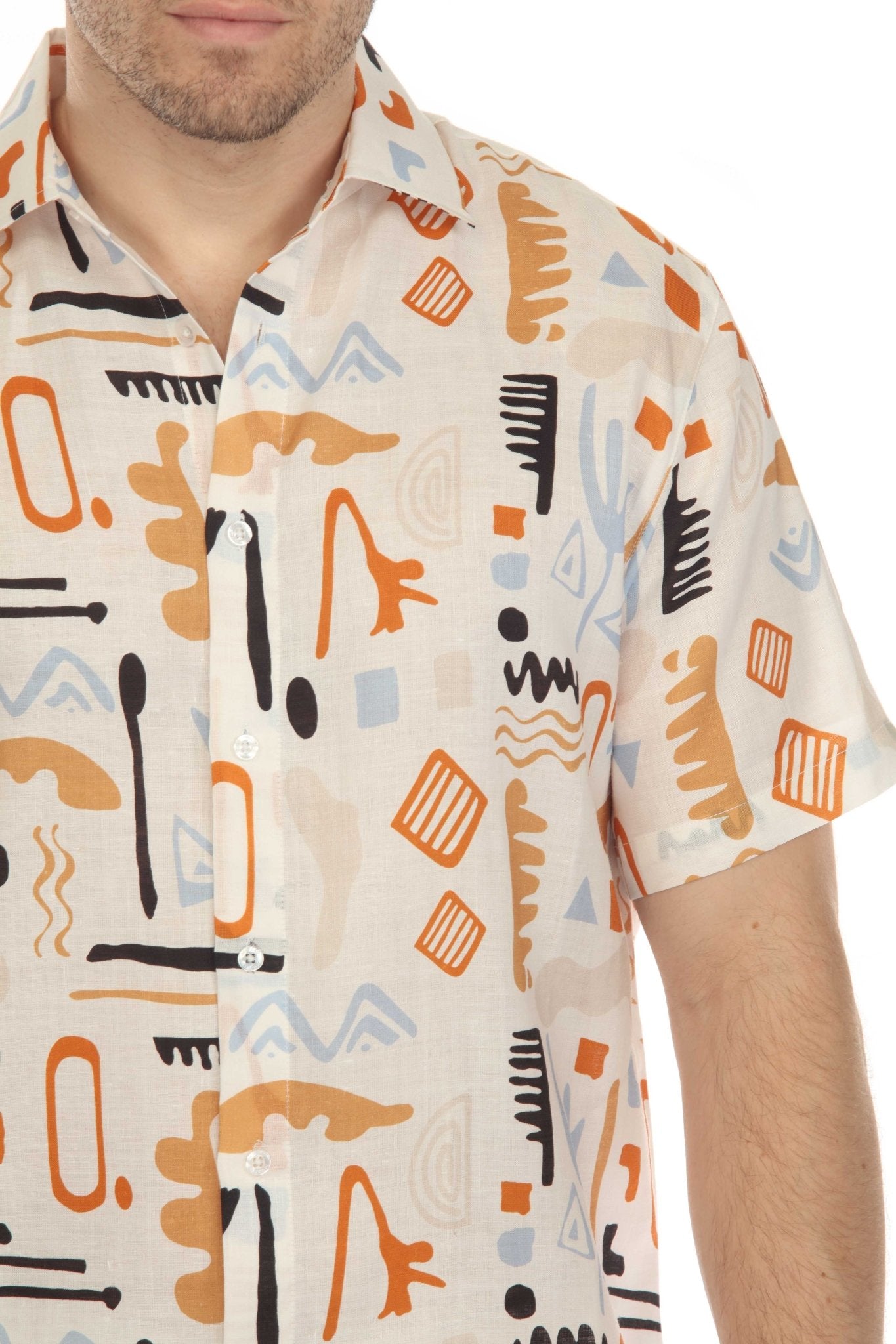 Men's 100% Linen Short Sleeve Retro Abstract Print Shirt
