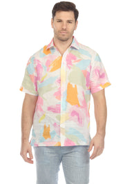 Camisa de lino 100 % con estampado abstracto pastel y manga corta