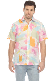 Camisa de lino 100 % con estampado abstracto pastel y manga corta