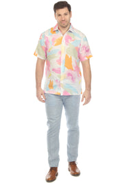 Camisa de lino 100 % con estampado abstracto pastel y manga corta