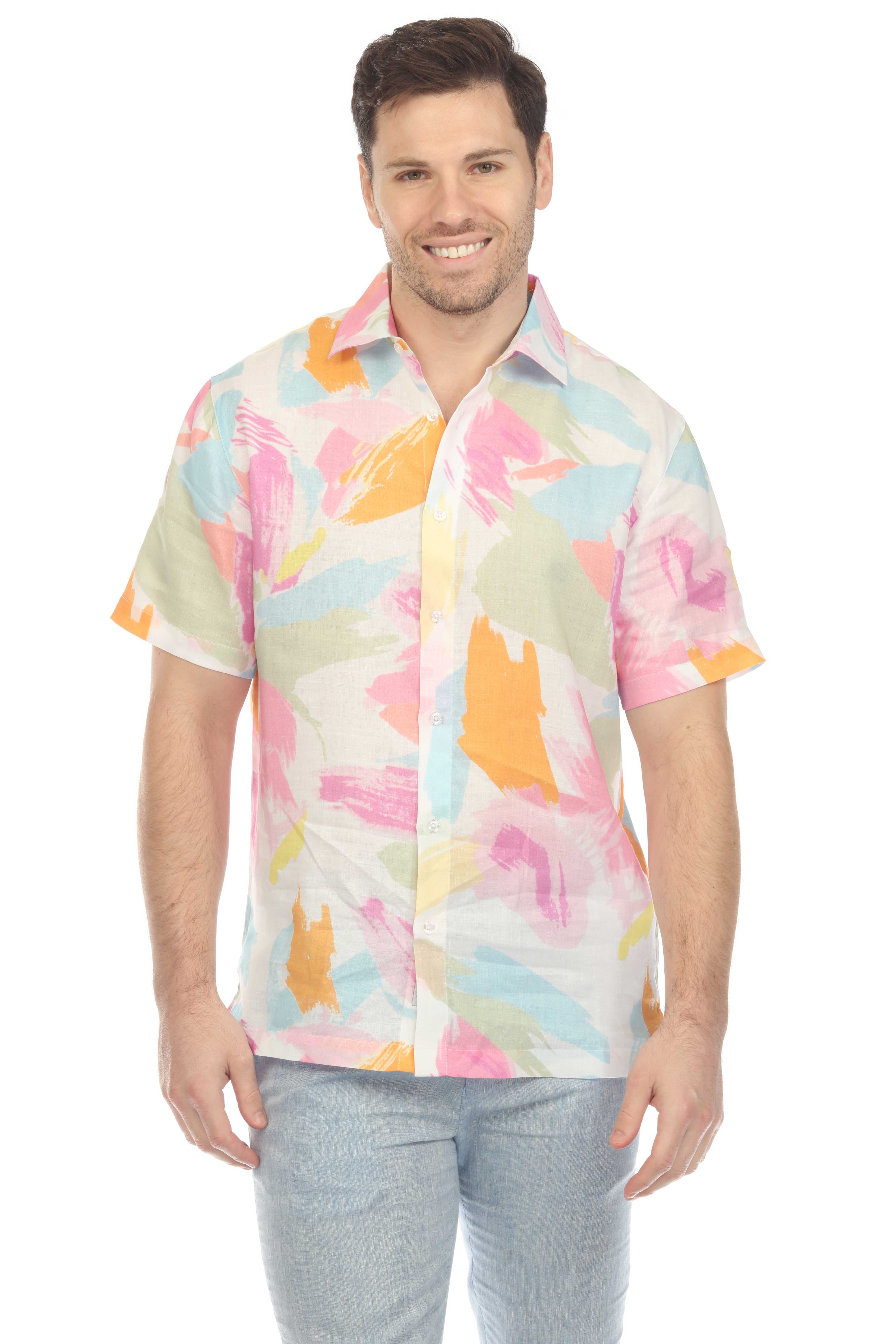 Camisa de lino 100 % con estampado abstracto pastel y manga corta