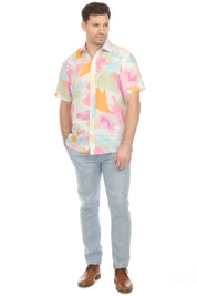 Camisa de lino 100 % con estampado abstracto pastel y manga corta