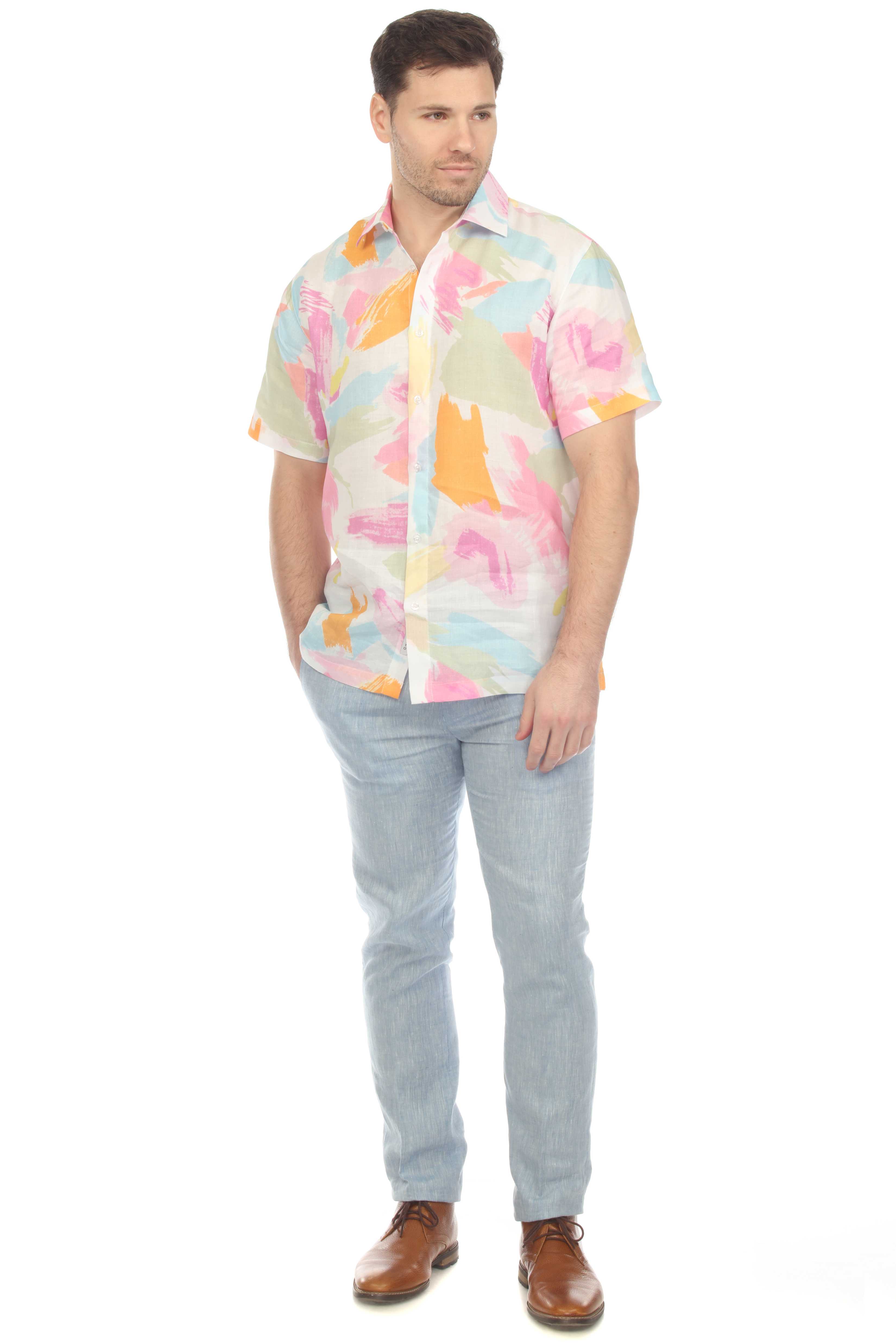 Camisa de lino 100 % con estampado abstracto pastel y manga corta