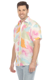 Camisa de lino 100 % con estampado abstracto pastel y manga corta