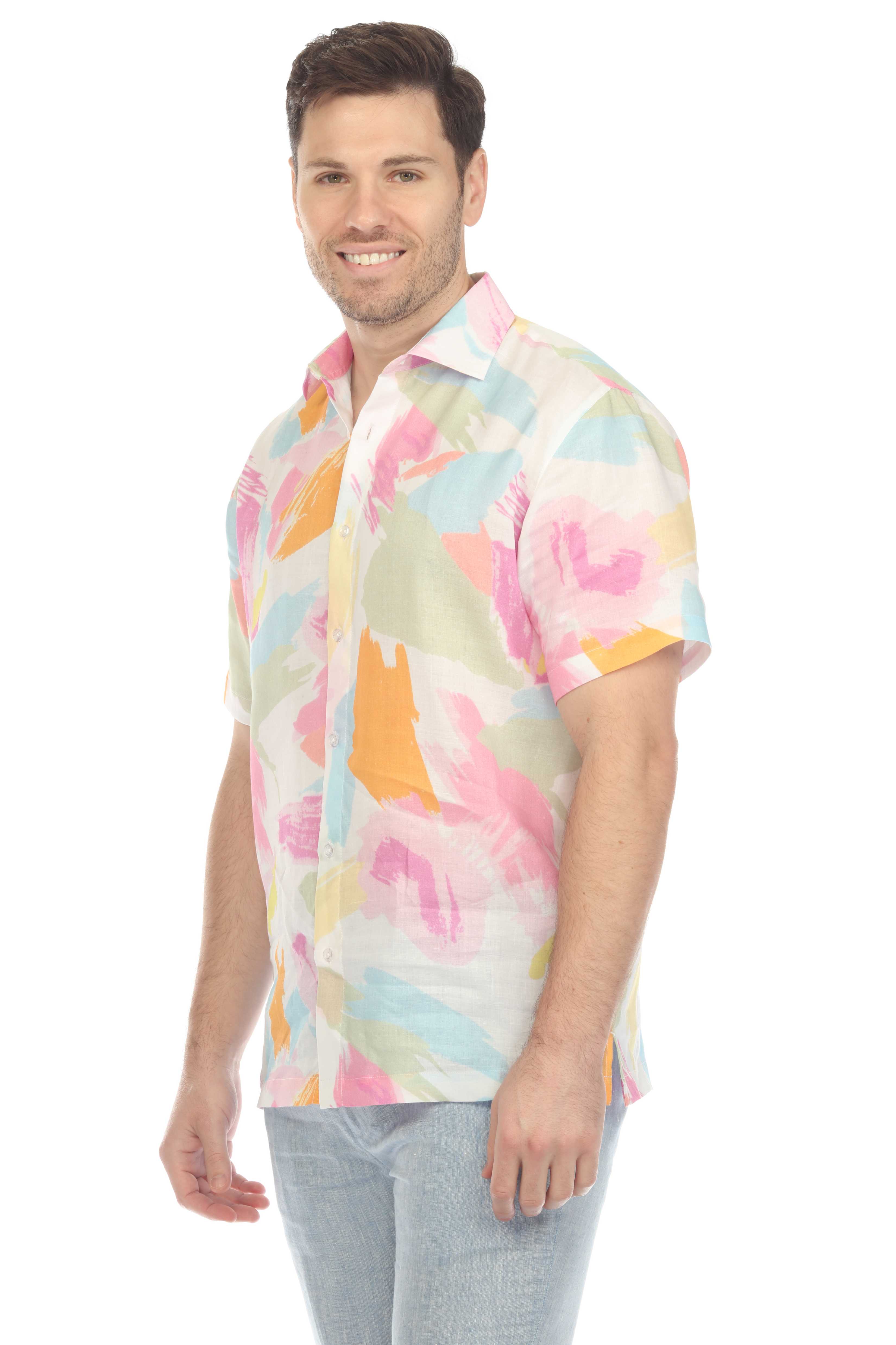Camisa de lino 100 % con estampado abstracto pastel y manga corta