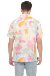 Camisa de lino 100 % con estampado abstracto pastel y manga corta