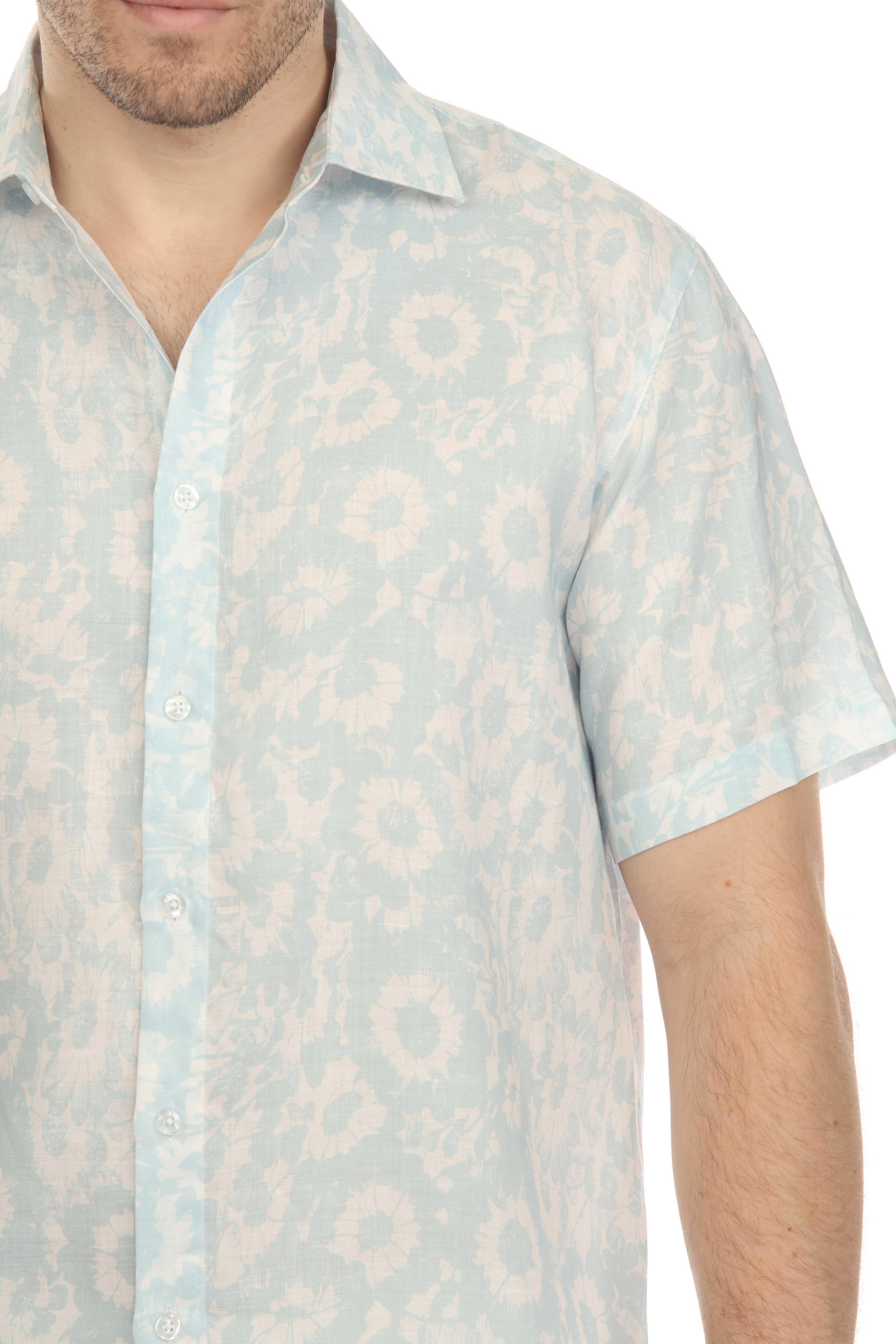 Camisa de lino 100 % con estampado floral abstracto y manga corta