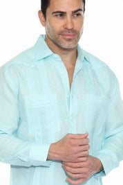 Embroidered Linen Guayabera Long Sleeve with Pintuck Trim