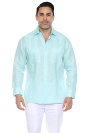 Camisa Guayabera Chacabana 100% Lino para Hombre, Manga Larga, con Bordado y Detalle de Pinzas