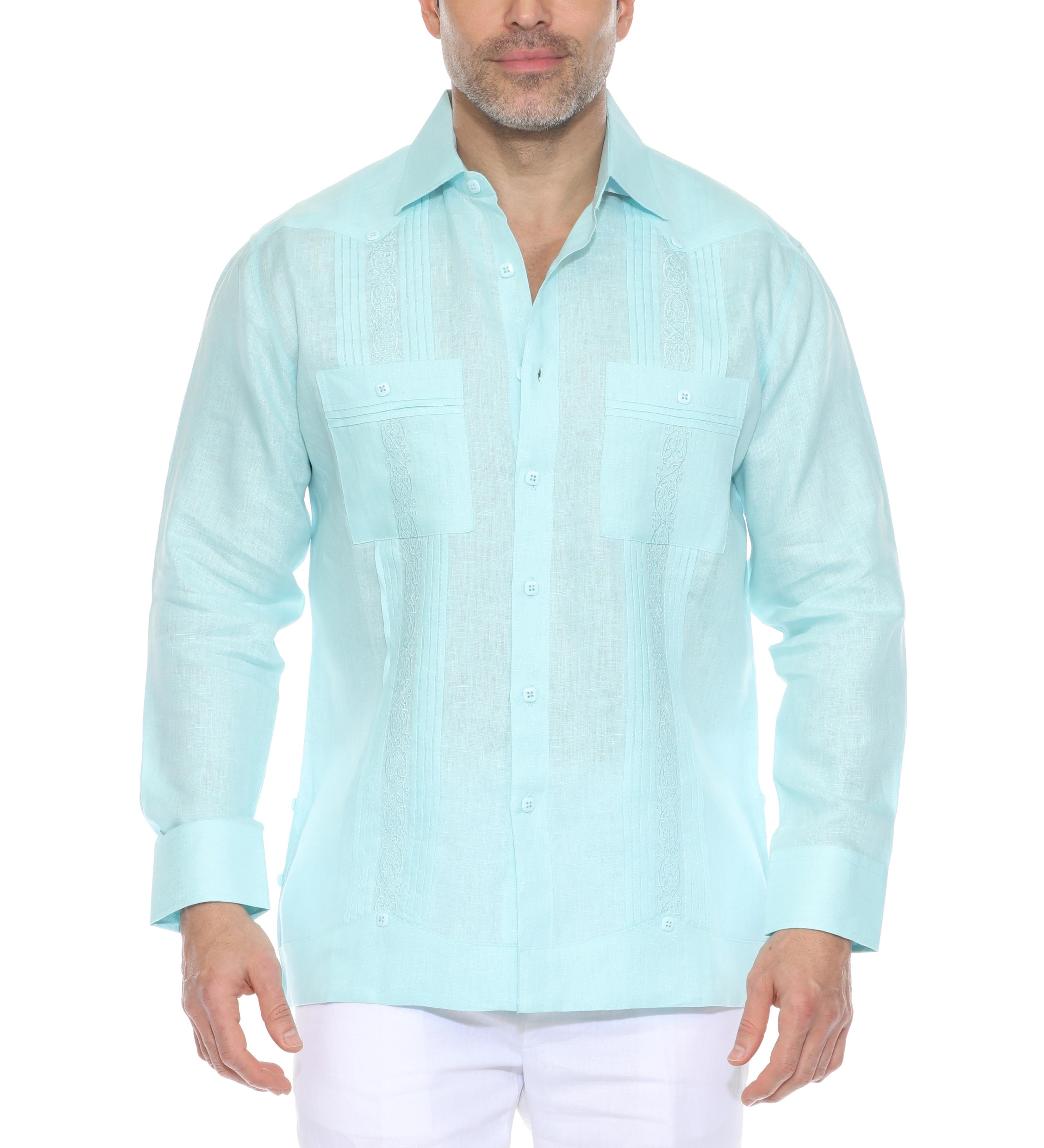 Men's 100% Linen Guayabera Chacabana Shirt Long Sleeve with Embroidery and Pin Tuck Trim Accent